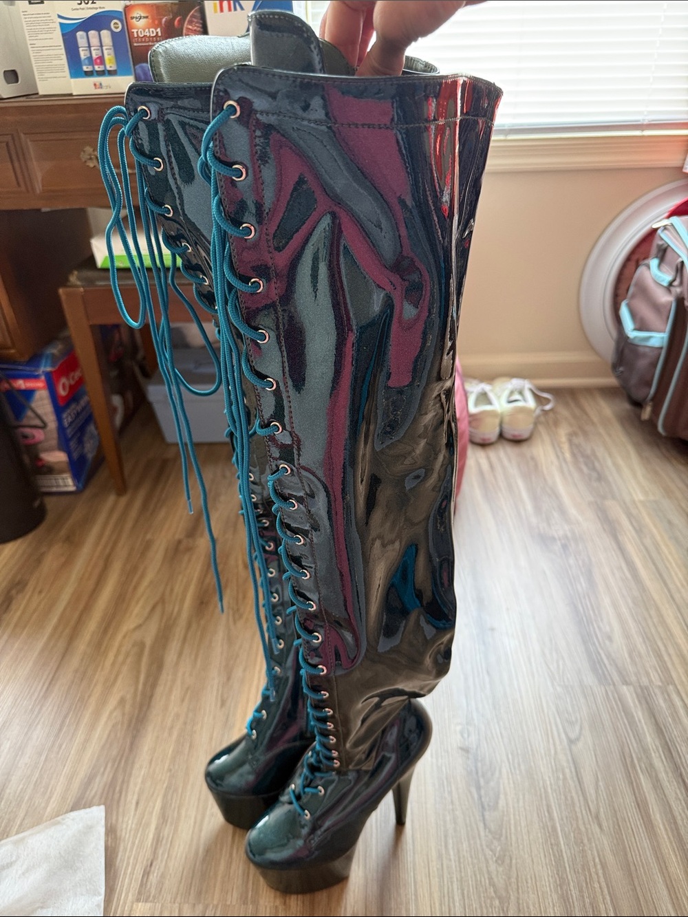 Pleaser Patent High-Lace Knee-High 8 inch Stiletto Boots in Teal